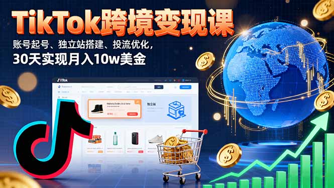 TikTok跨境变现课：账号起号、独立站搭建、投流优化，30天实现月入10w美金-摇钱述