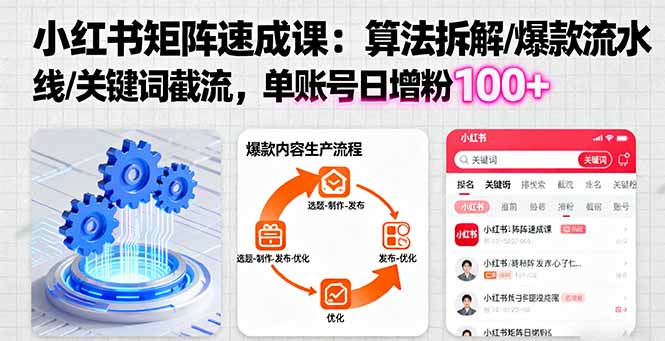 小红书矩阵起号速成课：算法拆解/爆款流水线/关键词截流 单账号日增粉100+-摇钱述