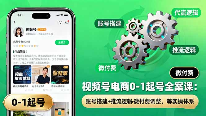 视频号电商0-1起号全案课：账号搭建+推流逻辑+微付费调整，等实操体系-摇钱述