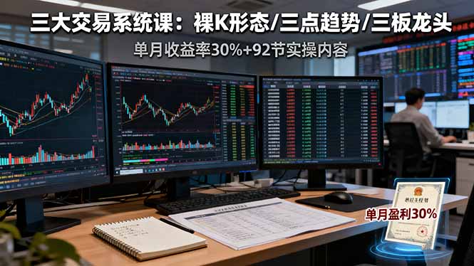 三大交易系统课：裸K形态/三点趋势/三板体系，单月收益率30%+92节实操内容-摇钱述