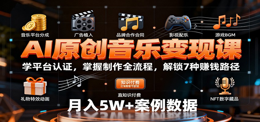 AI原创音乐变现课：学平台认证，掌握制作全流程，解锁7种赚钱路径-摇钱述