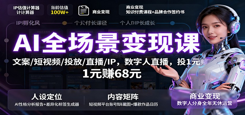 AI全场景变现课：文案/短视频/投放/直播/IP，数字人直播，投1元赚68元-摇钱述