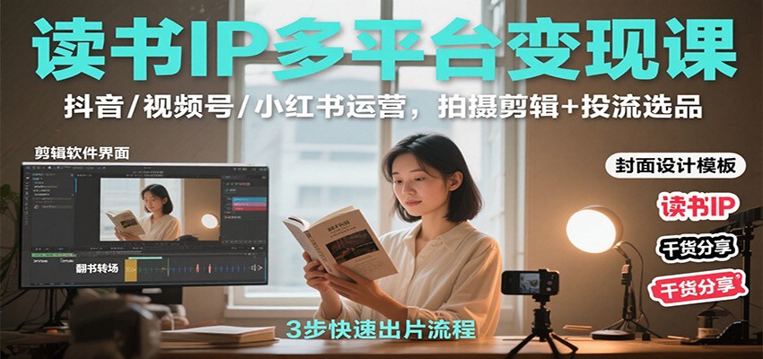读书IP多平台变现课：抖音/视频号/小红书运营，拍摄剪辑+投流选品-摇钱述