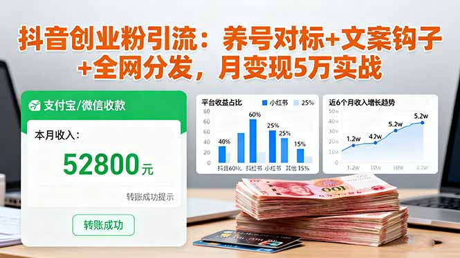 抖音创业粉引流：养号对标+文案钩子+全网分发，月变现5万实战-摇钱述