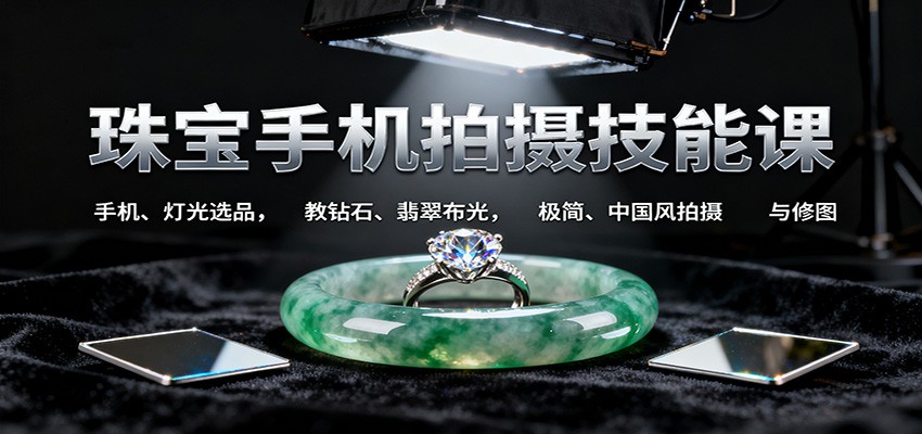 珠宝手机拍摄技能课:手机、 灯光选品，教钻石、翡翠布光，极简、中国风拍摄与修图-摇钱述