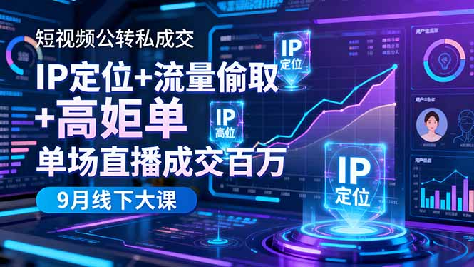 短视频公转私成交9月线下大课,IP定位+流量偷取+高客单,单场直播成交百万-摇钱述