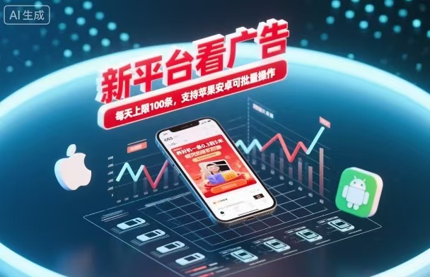 新台看广告，养好机一条5毛到5块，单机日入30到100，支持苹果安卓，可批量操作。-摇钱述