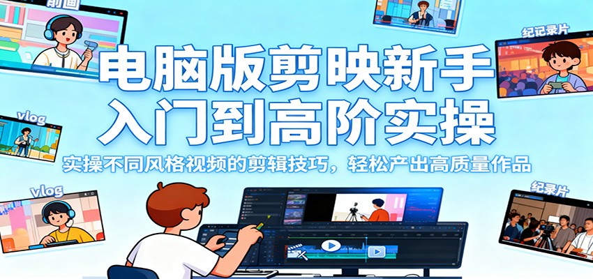 电脑版剪映新手入门到高阶实操，实操不同风格视频的剪辑技巧，轻松产出高质量作品-摇钱述
